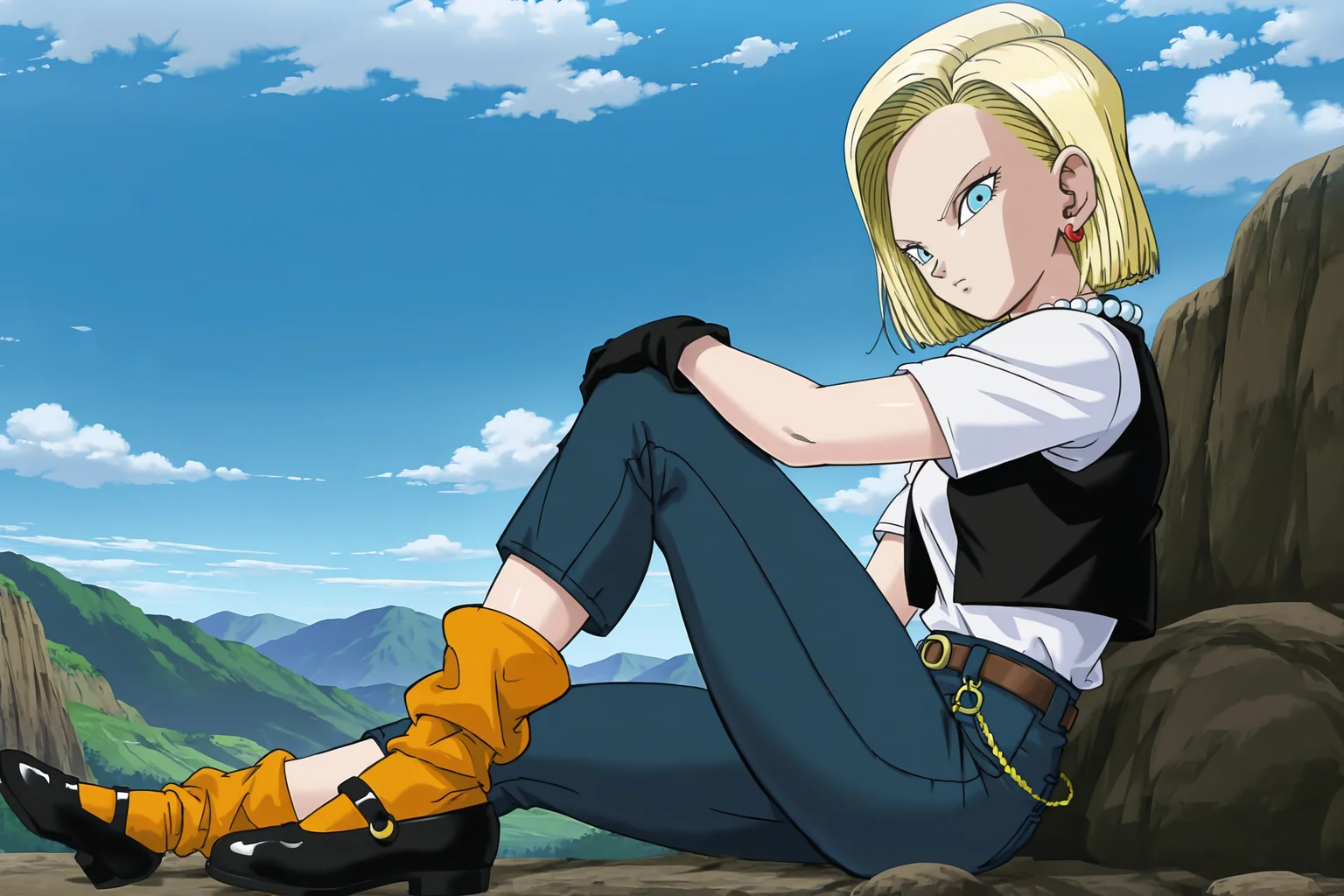 anime screencap, absurdres, high quality, official style,
android 18, cell saga, cell saga outfit, 1girl, solo, short hair, blue eyes, blonde hair, shirt tucked in, hand on own knee, sitting, full body, white shirt, outdoors, sky, mary janes, day, black gloves, loose socks, belt, high-waist pants, cloud, black vest, blue sky, denim, jeans, mountain, black footwear, blue bottomwear, from side, gold chain, knee up, orange legwear, pearl necklace, v-shaped eyebrows, v-shaped eyes, vest over shirt, short sleeves, mountainous horizon, rock, looking at viewer,
<lora:Android_18_-_Dragon_Ball:0.8>