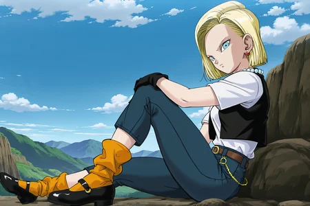 anime screencap, absurdres, high quality, official style,
android 18, cell saga, cell saga outfit, 1girl, solo, short hair, blue eyes, blonde hair, shirt tucked in, hand on own knee, sitting, full body, white shirt, outdoors, sky, mary janes, day, black gloves, loose socks, belt, high-waist pants, cloud, black vest, blue sky, denim, jeans, mountain, black footwear, blue bottomwear, from side, gold chain, knee up, orange legwear, pearl necklace, v-shaped eyebrows, v-shaped eyes, vest over shirt, short sleeves, mountainous horizon, rock, looking at viewer,
<lora:Android_18_-_Dragon_Ball:0.8>