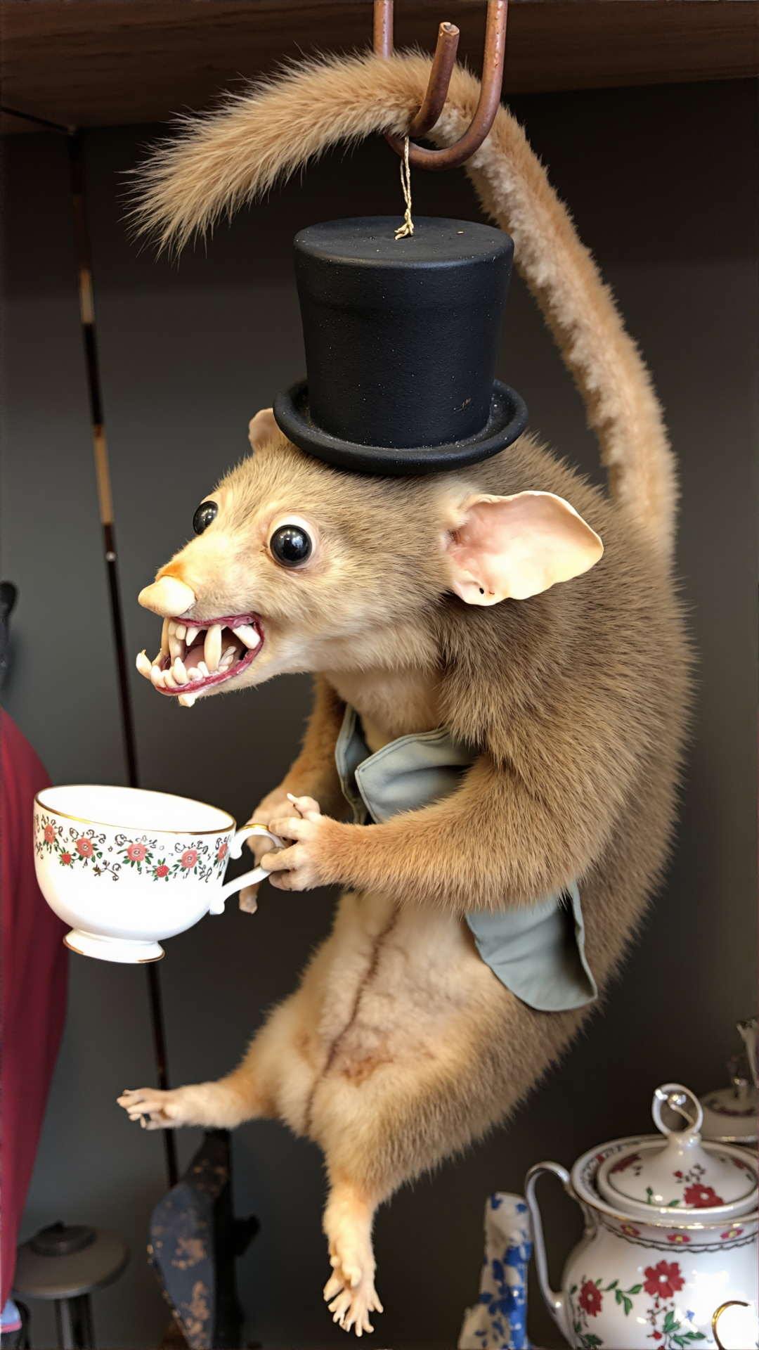 A photo of a badtxdrmy, bad taxidermy, A poorly taxidermied opossum, its beady eyes crossed and its fur matted, hangs from a rusty metal hook in a dimly lit, dusty antique shop. The opossum's mouth is stretched into a comically exaggerated snarl, revealing crooked, yellowed teeth. Its prehensile tail has been awkwardly attached to its backside, sticking straight up in the air like a furry satellite dish. 
The opossum appears to be "dressed up" for a tea party, wearing a tiny, ill-fitting top hat and a faded, floral-patterned waistcoat that's several sizes too small. A delicate china teacup is clutched in its paw, which looks like it's about to shatter at any moment. The overall effect is one of charmingly inept taxidermy and a delightfully absurd scenario.<lora:BadTaxidermiFlux:1>
