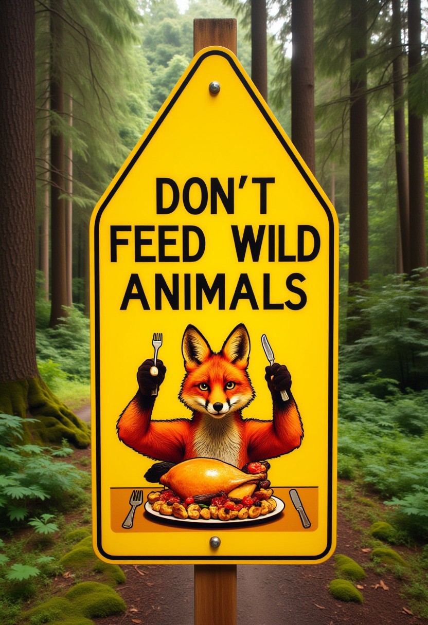 The image is a photograph featuring a bright yellow traffic sign in a forest environment. The sign is triangle-shaped, with a text: "Don't Feed Wild Animals". Below the sign, there is a fox having a turkey dinner, eating with a fork and a knife.