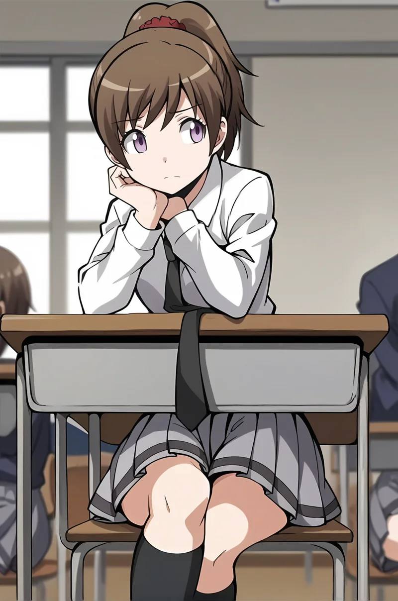 score_9, score_8_up, score_7_up, score_6_up, score_5_up, score_4_up, source_anime, BREAK 1girl, <lora:Yada_Toka:1>, yadatoka, brown hair, high ponytail, purple eyes, red scrunchie, tokaschool, white shirt, collared shirt, long sleeves, necktie, grey skirt, pleated skirt, kneehighs, looking to the side, closed mouth, facing to the side, hand on own chin, sitting on chair, crossed legs, leaning forward, arm on desk, school desk, classroom