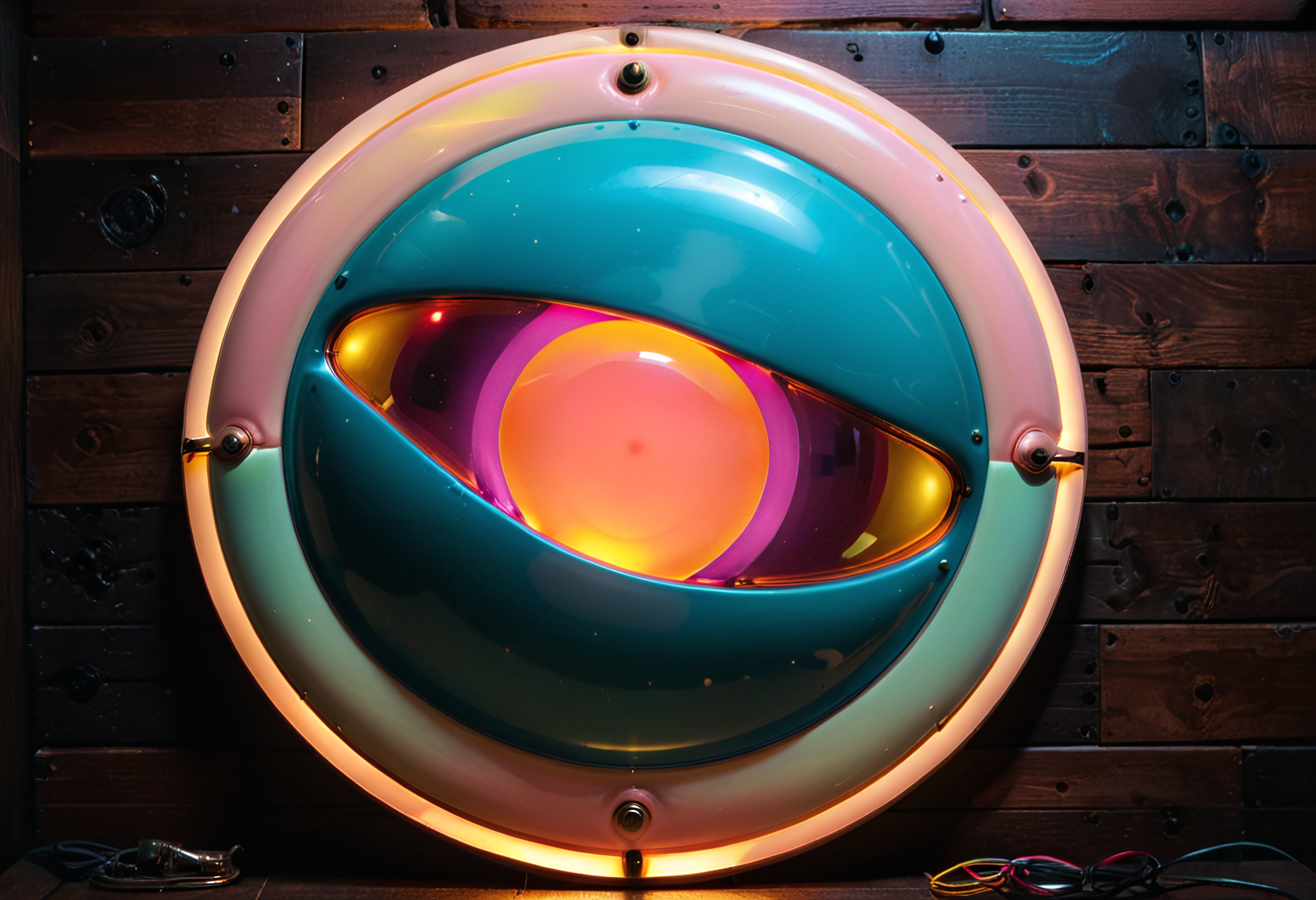 shnywrld, inflatable, retro-scifi, colorful, luminous, a (shnywrld laser), brightly colored in multiple shades and hues, cartoonish, rounded edges, surreal shape, on a copper and wooden plaque, simple background.  <lora:shinyworld:.8>  <lora:zavy-cntrst-sdxl:.8> dark, chiaroscuro, low-key <lora:xl_more_art-full_v1:.8>