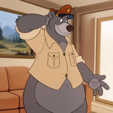 masterpiece, best quality, amazing quality, baloots, male, furry male, anthro, solo, sloth bear, grey fur, two tone fur, grey muzzle, brown nose, black eyes, claws, brown shirt, red pilot cap, standing, hand behind head, shy, furrowed brow, smile, looking aside, indoors, living room