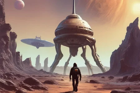A space trucker walking towards an alien spaceship, alien planet background, rocky, intricate artwork by mike mignola, octane render, hyper realism, 8 k <lora:Fantasy_art_XL_V1:0.75> stunning fantasy art by boris vallejo