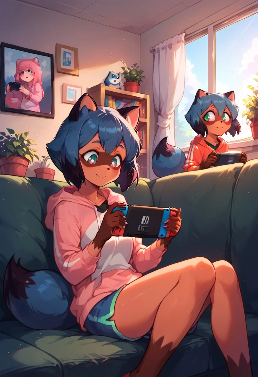 score_9, score_8_up, score_7_up, 1girl, Michiru kagemori,  michiru kagemori, short hair, black hair, animal ears, blue hair, multicolored hair, furry, furry female, raccoon ears, body fur, raccoon girl, raccoon tail, tail, sidelocks, headphones, pink hoodie, hood down, drawstring, long sleeves, bagpack, shorts, black top, contemporary, casual, 
sitting, at home, flat, room, living room, holding handheld game console, nintendo switch, playing games, intense, looking down,
