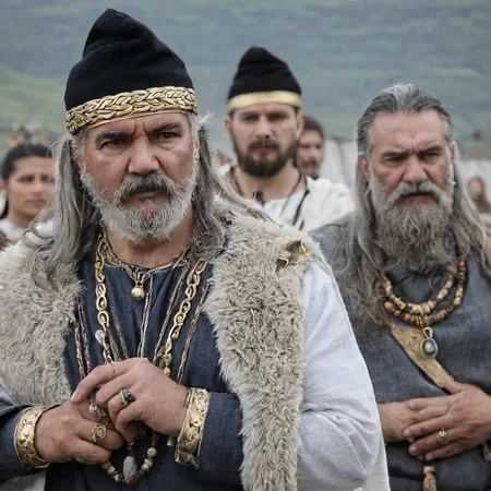 dacian warrior, phrygian cap, long hair, hat, holding, jewelry, grey hair, male focus, earrings, multiple boys, 2boys, necklace, blurry, blurry background, facial hair, ring, beard, realistic, mustache , ImgFixerPre0.3<lora:dacii:1>