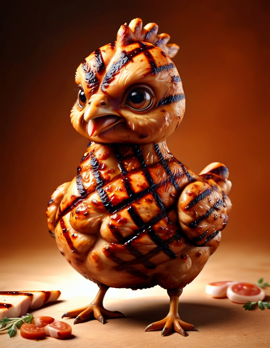 a cute chicken made of ral-grilled, looking at viewer <lora:ral-grilled-sdxl:1>