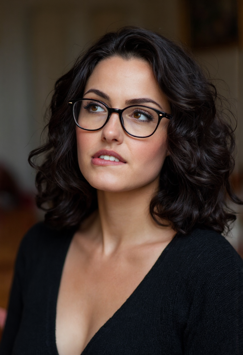(thin lips), (nerd glasses), crooked nose, portrait, curvy old woman, big brown eyes, long curly raven bob , wide nose, pores, natural skin, biting on lip, (leaning forward looking upwards), (strong eyebrows),  cleavage, open black pullover, cozy caffee   <lora:lipbite_flux_lora_rank16_bf16:0.8>, laugh lines