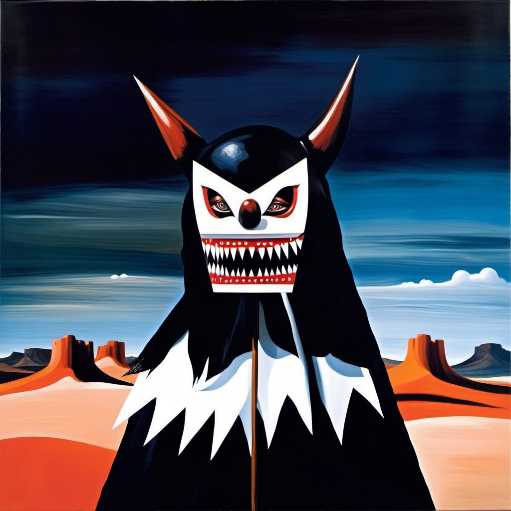 painting of a monster with black fur sharp teeth wearing a white hollow mask, night time, Desert George Condo Style, horror(theme),  <lora:MBTDF xl:0.9>