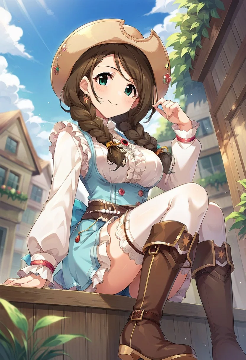 score_9, score_8_up, score_7_up, source_anime,akanishi erika, long hair, brown hair, twin braids, green eyes, hat, cowboy western, thighhighs, boots, 1girl, jewelry