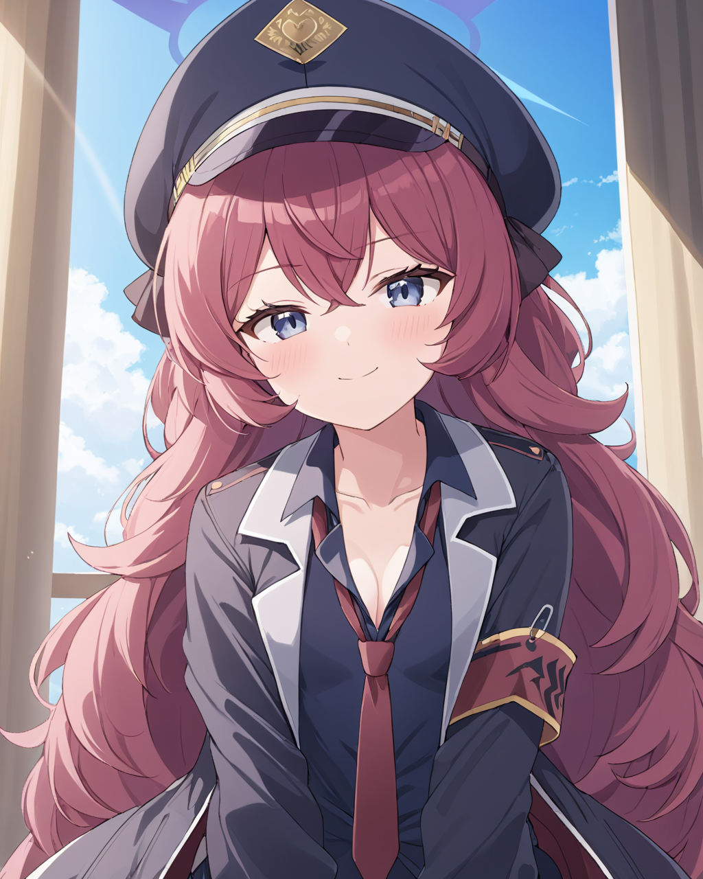iroha \(blue archive\),1girl, solo, red_necktie, halo, looking_at_viewer, smile, peaked_cap, loose_necktie, blush, armband, military_hat, black_shirt, long_sleeves, collared_shirt, collarbone, small_breasts, indoors, necktie_grab, window, closed_mouth, cloud, blue_sky, uniform, leaning_forward, cleavage, black_headwear, black_jacket
<lora:iroha_(blue_archive)_image1923_2023-11-27-000012:1>halo. gorgeous,key visual, vibrant, studio anime,award-winning, professional, highly detailed,high budget, cinemascope