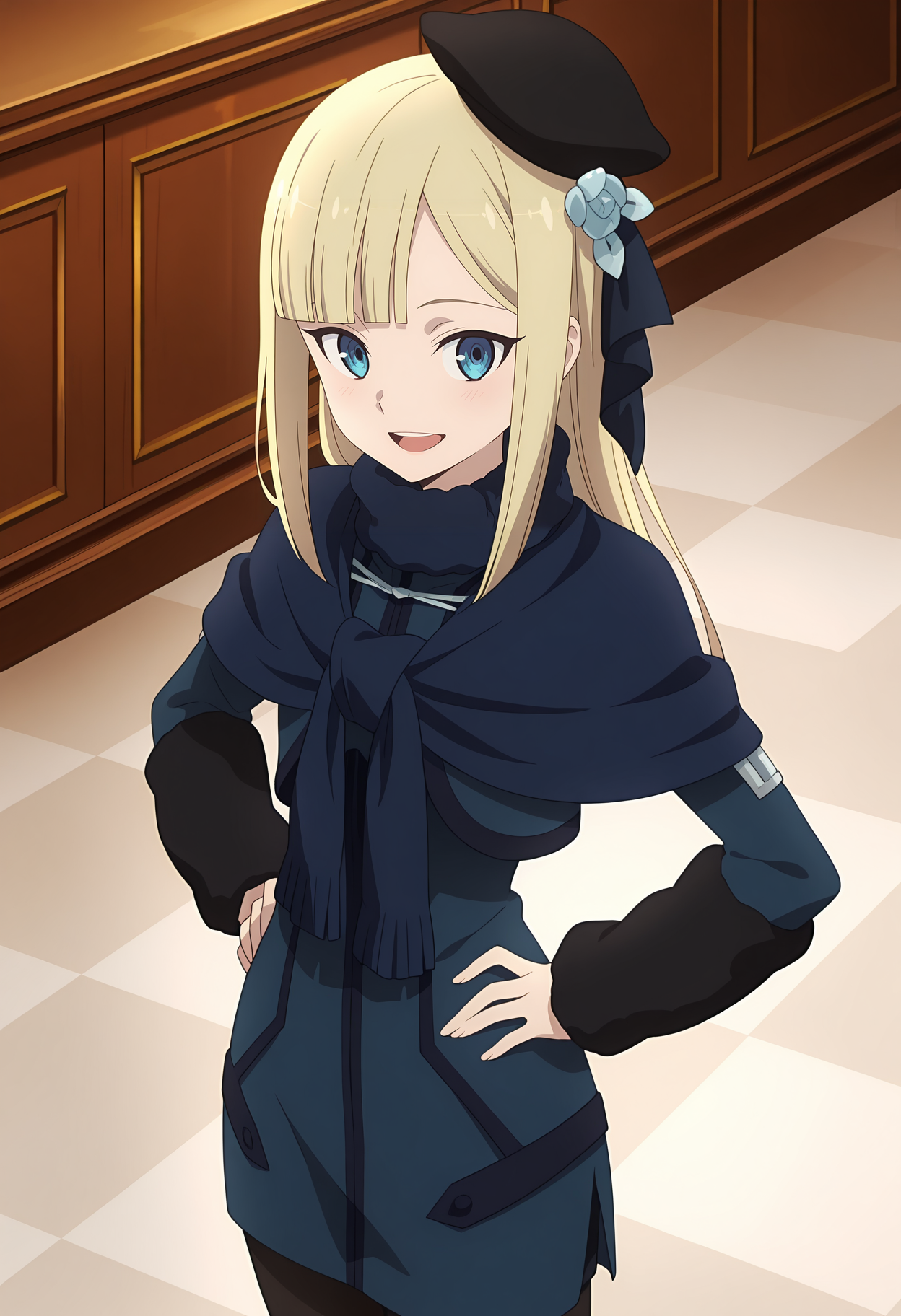 anime screencap, masterpiece, best quality,
<lora:FateSeries_LordEl-MelloiII_ReinesArchisorte_IlluXL:0.9>,
1girl, solo, open mouth, light smile, upper teeth only, light blush,
swept bangs, blunt bangs, long hair, blonde hair, blue eyes,
black beret, hari flower, hair ribbon, fur collar, blue scarf, blue capelet, blue dress, long sleeves, black arm warmers, black pantyhose,
hands on own hips, standing, looking at viewer, cowboy shot,
indoors, checkered floor