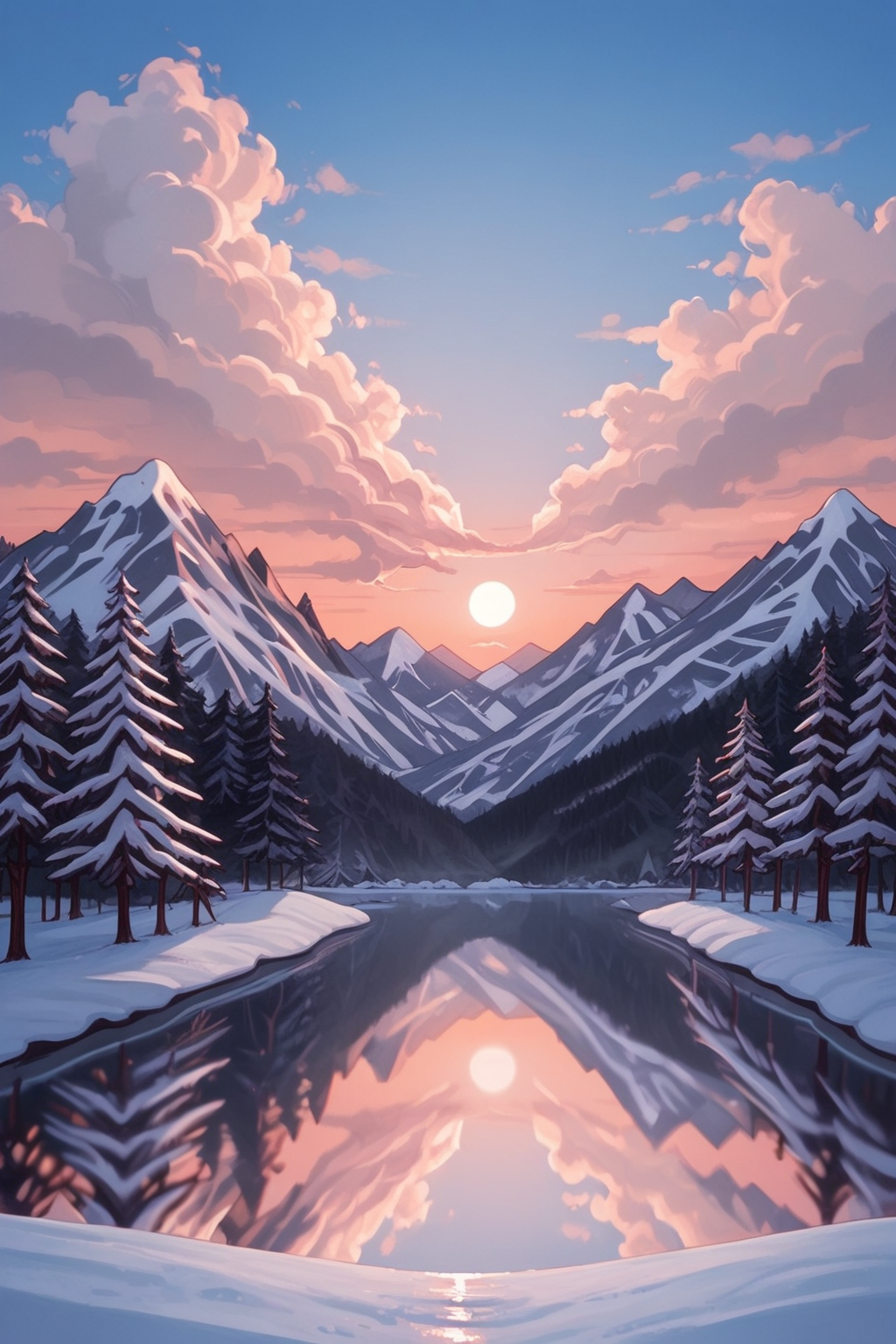 no humans, outdoors, scenery, tree, cloud, mountain, sky, nature, snow, pine tree, day, reflection, forest, blue sky, water, sun, cloudy sky, landscape, winter,