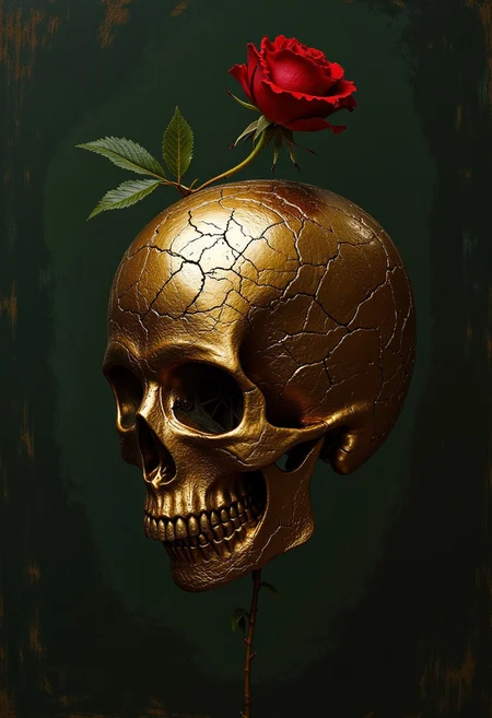 A floating dry and cracked golden skull missing some  teeth,red rose with thorns comingoutof eye socket, in oli painting style, oblique angle view, dark grainy 
 green  background