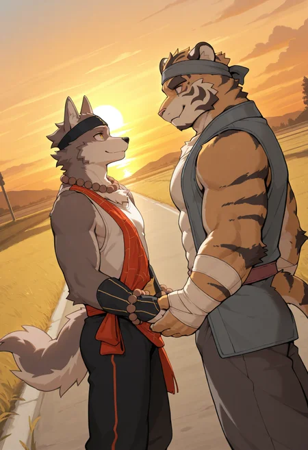 masterpiece, best quality, amazing quality, furry male, 2boys, trinone, interspecies, bara, male focus, triratna, wolf boy, black headband, white tank top, bead necklace, bead bracelet, red sash, black pants, betnone, tiger boy, grey headband, open vest, grey pants, holding hands, looking at another, from side, dutch angle, smile, sunset, on road, grass