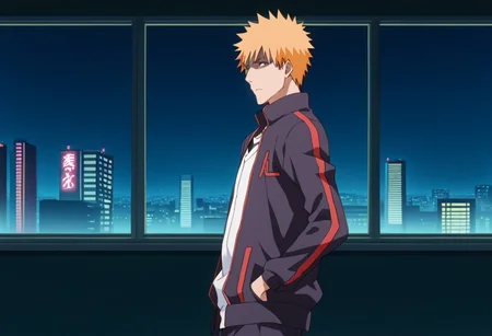 score_9, score_8_up, score_7_up, source_anime, masterpiece, 1boy, ichigo kurosaki, jacket,  , <lora:ichigo_kurosaki_ponyxl:1>, from behind, in distress, shaded face, closed mouth,  sad, raised eyebrows,, arousing sensual apartment indoors, living room, window, cityscape, night, neon lights, dark room,, solo, standing, cowboy shot,  wind,  hair flowing in the wind,  from side,  looking at viewer,  hand in own hair,