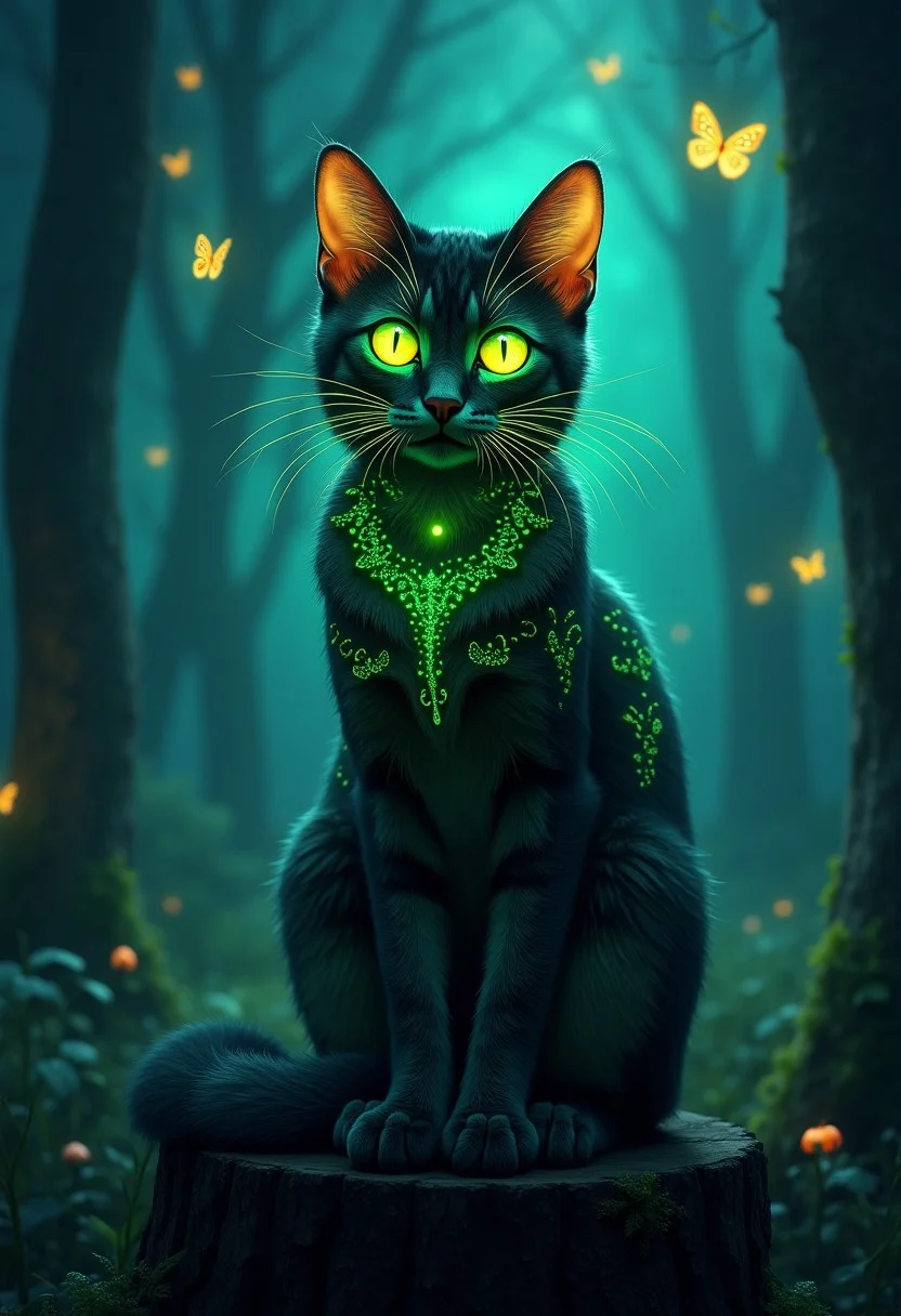 Masterpiece, 4k, 8k, high quality, highly detailed, A cat with glowing green eyes, intricate patterns on cat, long thick whiskers, glowing whiskers, sitting on a stump, enchanted forest setting, magical lights, glowing butterflies in background, amazing dark skyline, night time, digital concept art
