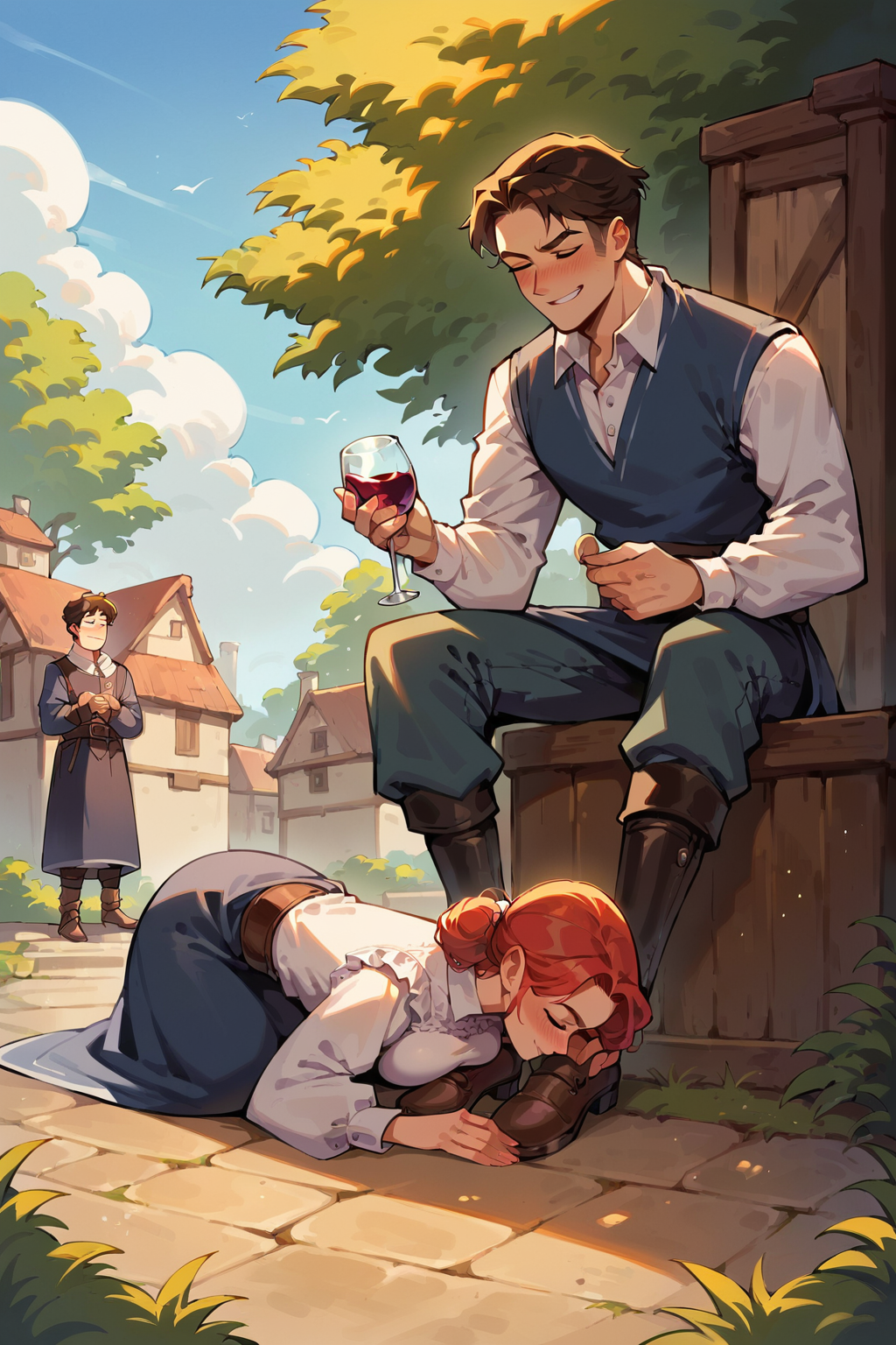 score_9, score_8_up, source_anime, highly detailed, smirk, 1boy , 1girl, 1girl kissing foot 1boy, kissing foot, medieval, drinking wine,      outdoors,  <lora:kissing_foot_SDXL_r60_768_dim32-a1-adamW:0.7>, <lora:Smooth Anime 2 Style SDXL_LoRA_Pony Diffusion V6 XL:0.5>