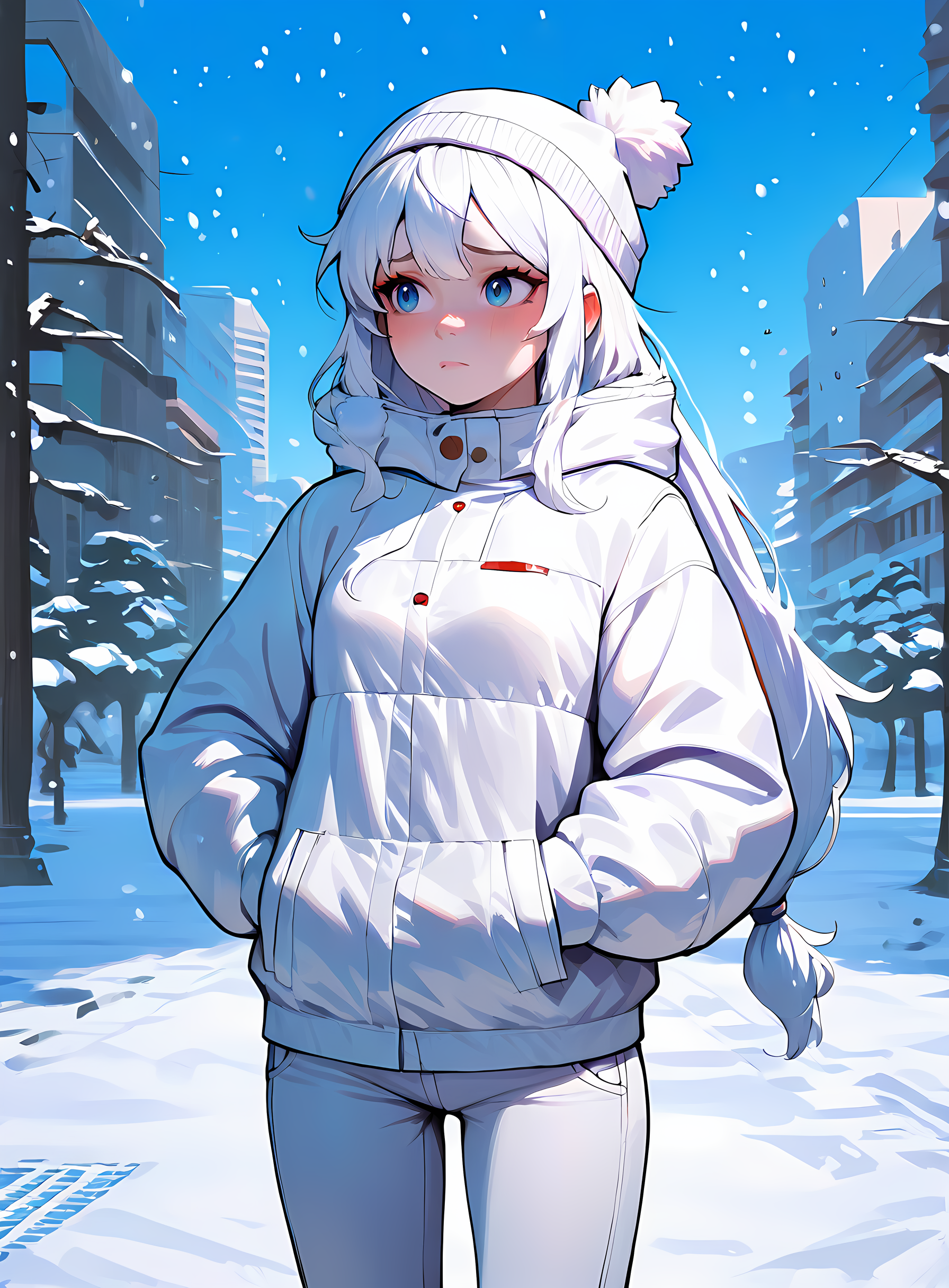 1girl, small breasts, white hair, low-tied long hair, blue eyes, looking away, worried, hands in pockets, white parka, white jeans, pom pom beanie, outdoors, winter, snow, park, city, snowing, (masterpiece, best quality, absurdres, highres, newest, very awa), <lora:ponyv5_noobE11_1_adamW:0.9>