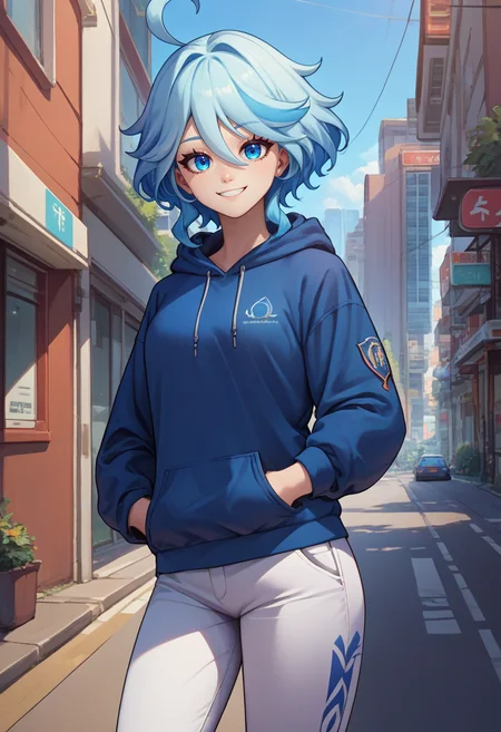 score_9, score_8_up, score_7_up, source_anime, solo, 1girl, furinarnd, slight smile, looking at viewer, hand in pocket, ahoge, blue hoodie, white pants, outdoors, city street <lora:genshinimpact_furina_ponyXL:1>