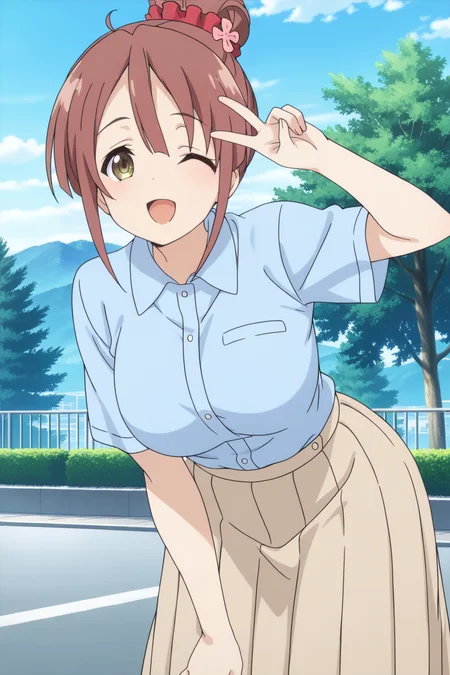 anime screenshot, 1girl, solo, shinomiya shiori, brown hair, single hair bun, red scrunchie, hair scrunchie, hair flower, brown eyes, one eye closed, large breasts, blue shirt, collared shirt, short sleeves, brown skirt, pleated skirt, long skirt, looking at viewer, smile, open mouth, leaning forward, hand up, v, cowboy shot, outdoors, masterpiece, best quality, high quality, highres, absurdres, <lora:shinomiya_shiori_ILXL:0.9>