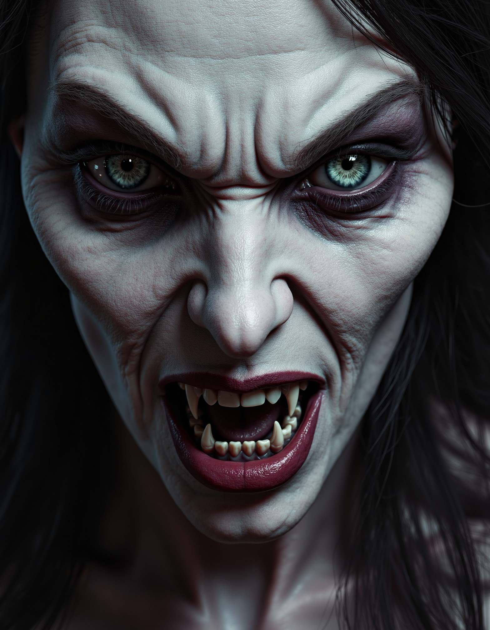 zavy-vmpr, Extreme close-up of a pale gaunt face framed by shadowy tendrils of hair, sharp fangs glinting menacingly against vibrant burgundy lips, a piercing gaze filled with ancient wisdom and a hint of sorrow, reminiscent of classic noir photography with a gritty texture, a color palette of deep plum, silvery gray, and hints of emerald green.