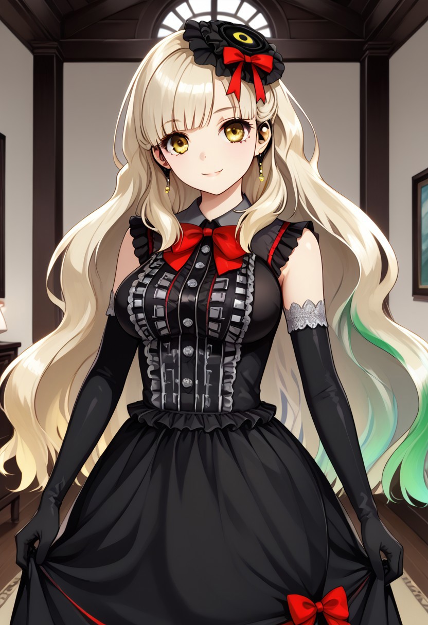 ((living room)), ((looking at viewer)), 1girl, solo, detailed eyes, high definition eyes, eyesHD, high gradient eyes, ((standing)), ((large breasts)), smile, closed mouth, ((Mayu)), very long hair, blonde hair, gradient hair, multicolored hair, ((yellow eyes)), light blonde fades to rainbow hair, black hat, black gothic dress, sleeveless dress, ((medium dress)), elbow gloves, black gloves, red bow, jewelry, earphones, earrings