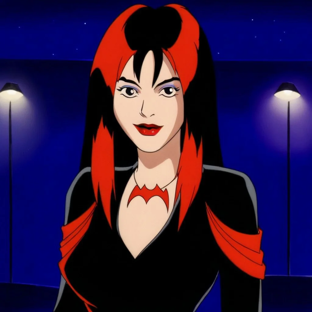 1girl, solo, long hair, breasts, looking at viewer, smile, black hair, dress, upper body, red hair, multicolored hair, black dress, two-tone hair, makeup, night, parody, lipstick, red lips, retro artstyle
, hex_thorn
