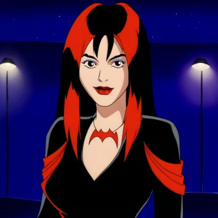 1girl, solo, long hair, breasts, looking at viewer, smile, black hair, dress, upper body, red hair, multicolored hair, black dress, two-tone hair, makeup, night, parody, lipstick, red lips, retro artstyle
, hex_thorn