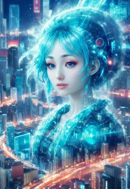 double exposure of opera diva Hatsune Miku with long floating blue twintails singing high note merging with a printed circuit board of Yamaha electronics chip processor, <lora:DoubleExposure:1>, (head:1.8), <lora:The Phantom of the Opera style:1.5> The Phantom of the Opera style, <lora:loraeyesxl:0.4>