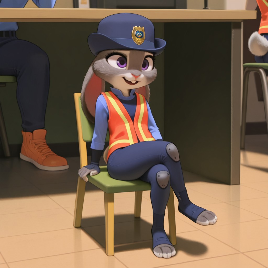 masterpiece, best quality, amazing quality, hoppsJudyztIL, anthro, female, bunny, grey fur, purple eyes, rabbit ears, rabbit tail, rabbit girl, buck teeth, zpd parking uniform, dark blue pants, blue shirt, orange safety vest, hat, toeless blue footwear, sitting, in a chair, legs crossed,