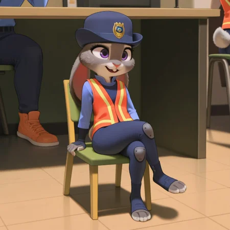 masterpiece, best quality, amazing quality, hoppsJudyztIL, anthro, female, bunny, grey fur, purple eyes, rabbit ears, rabbit tail, rabbit girl, buck teeth, zpd parking uniform, dark blue pants, blue shirt, orange safety vest, hat, toeless blue footwear, sitting, in a chair, legs crossed,