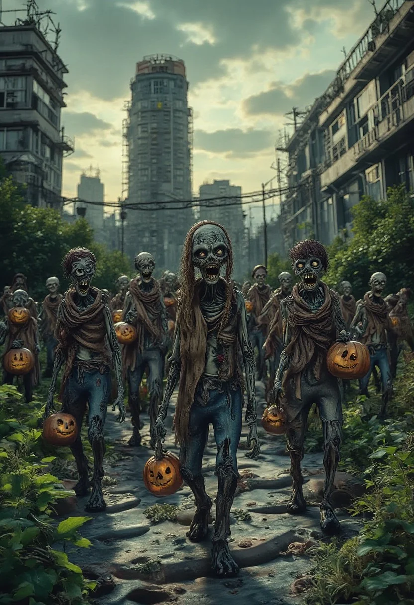 A comic illustration with ink outlines of a horde of cartoon zombies carrying jack o lanterns walking aimlessly in the overgrown city. The illustration is playful and creative.