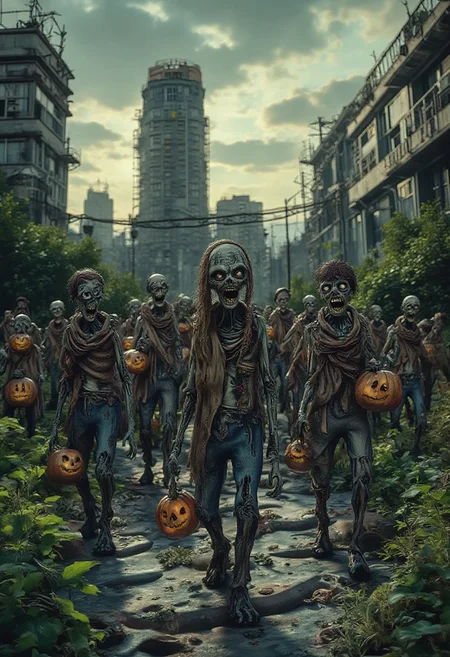 A comic illustration with ink outlines of a horde of cartoon zombies carrying jack o lanterns walking aimlessly in the overgrown city. The illustration is playful and creative.