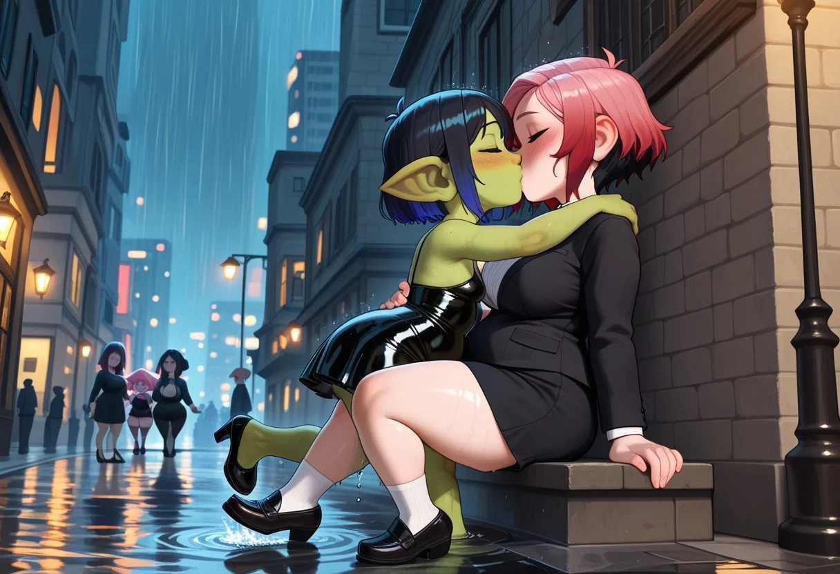 masterpiece, high res, outdoors, city street, buildings in background, street lights, raining, evening, yuri, shortstack, gnome female with goblin female, red hair, black hair, blue hair, pink hair, wowgobbostyle, black dress, high heels, tuxedo, loafer shoes, socks. soaking wet, small breasts, chubby, curvy female, blushing, embracing, kissing,