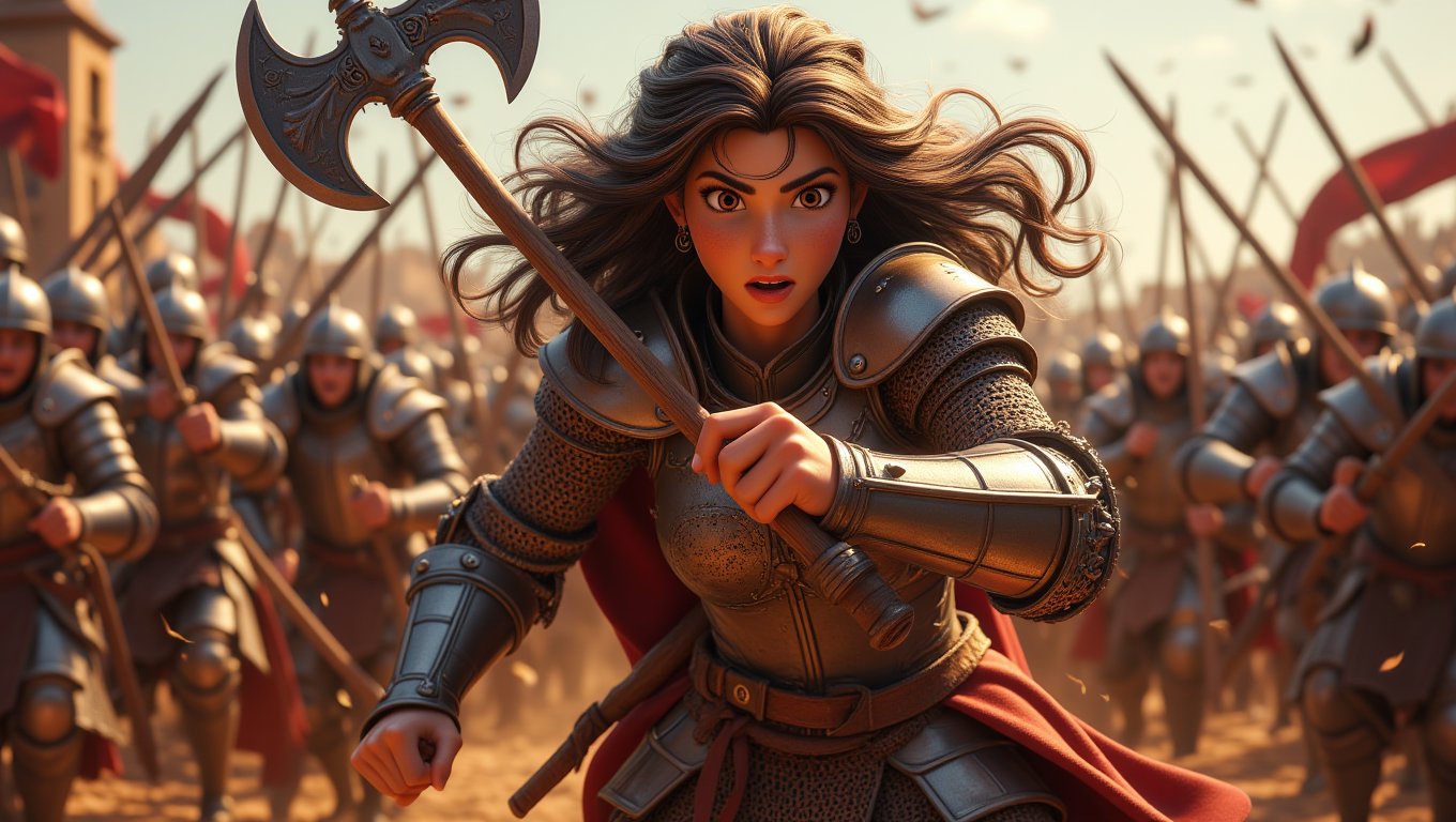 A fierce female warrior, clad in intricately designed armor, charges into battle with a determined expression. She wields a double-edged axe with expert precision, her long hair flowing behind her as she faces her enemies. The battlefield is chaotic, with clashing swords and flying arrows, but the warrior remains focused and unyielding. The style is dynamic and intense, emphasizing the warriorâs strength and the ferocity of medieval combat   <lora:Cute_3d_Cartoon_Flux:0.7>