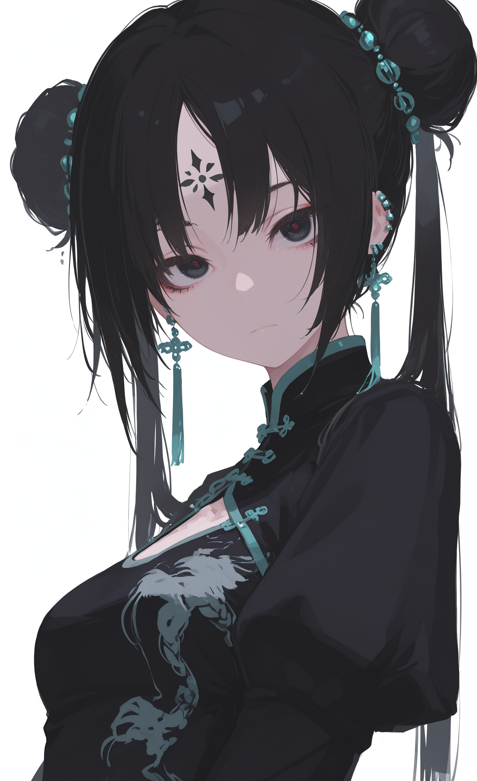 masterpiece,best quality,amazing quality, 1girl, solo, long hair, looking at viewer, medium breasts, black hair, long sleeves, hair ornament, white background, dress, closed mouth, jewelry, twintails, earrings, puffy sleeves, hair bun, black dress, from side, double bun, expressionless, chinese clothes, facial mark, juliet sleeves, hair rings, forehead mark,big eyes,
facing viewer, Portrait,Dutch angle,From Side, h4ra_illu, <lora:ponyv6_noobE11_2_adamW-000017:0.3> <lora:XXX667:0.5> <lora:96YOTTEA-WAI:0.5> <lora:hara_id_21:0.8>