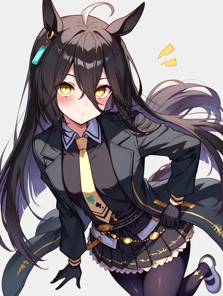 masterpiece,best quality,very aesthetic,absurdres,highres,newest,
mht race, manhattan cafe (umamusume),
ahoge, animal ears, black gloves, black hair, black jacket, black skirt,
collared shirt, earrings, gloves, hair between eyes, horse ears, horse girl,
jacket, jewelry, long hair, long sleeves, multicolored hair, necktie, shirt,
single earring, skirt, yellow eyes, black coat, black pantyhose, black shirt,
coat, highres, pantyhose, white footwear, yellow necktie, pleated skirt, horse tail,
tail, very long hair, blush, eyes visible through hair, long hair between eyes, eyebrows visible through hair,
eye_focus,<lora:eye_focus:1>,
<lora:umamusume_manhattan_cafe_ill_v1.0:1>,