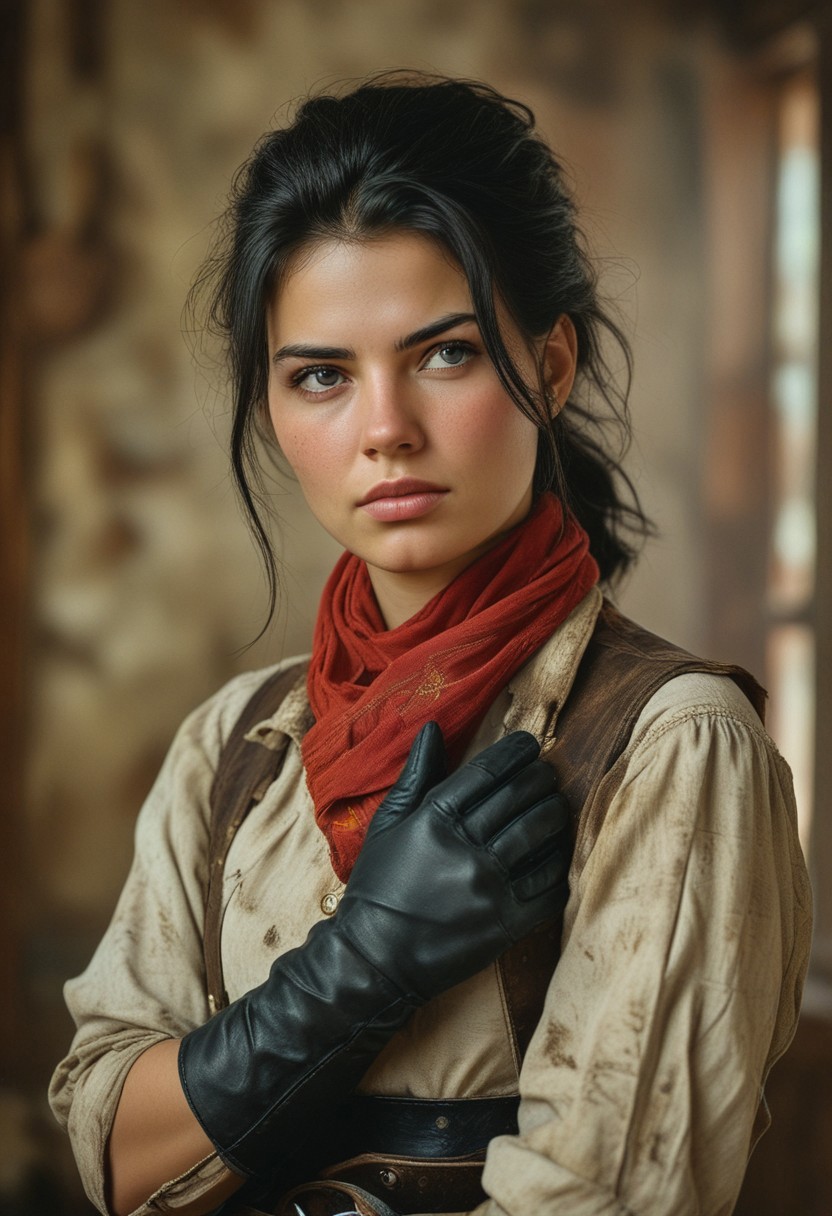 The great old West, windy, close up portrait of a woman, wild west style high quality, masterpiece, dusty scene, a mature attractive woman, busty woman, red neckerchief, dressed in black, wearing black leather gloves, stetson, black hair, ponytail, black leather holster and black belt, dusty western town, looking at viewer, the old west, historical, rustic, the wild west, zbrush central contest winner, hyperrealism, steven mccurry portrait, photography alexey gurylev, alessio albi