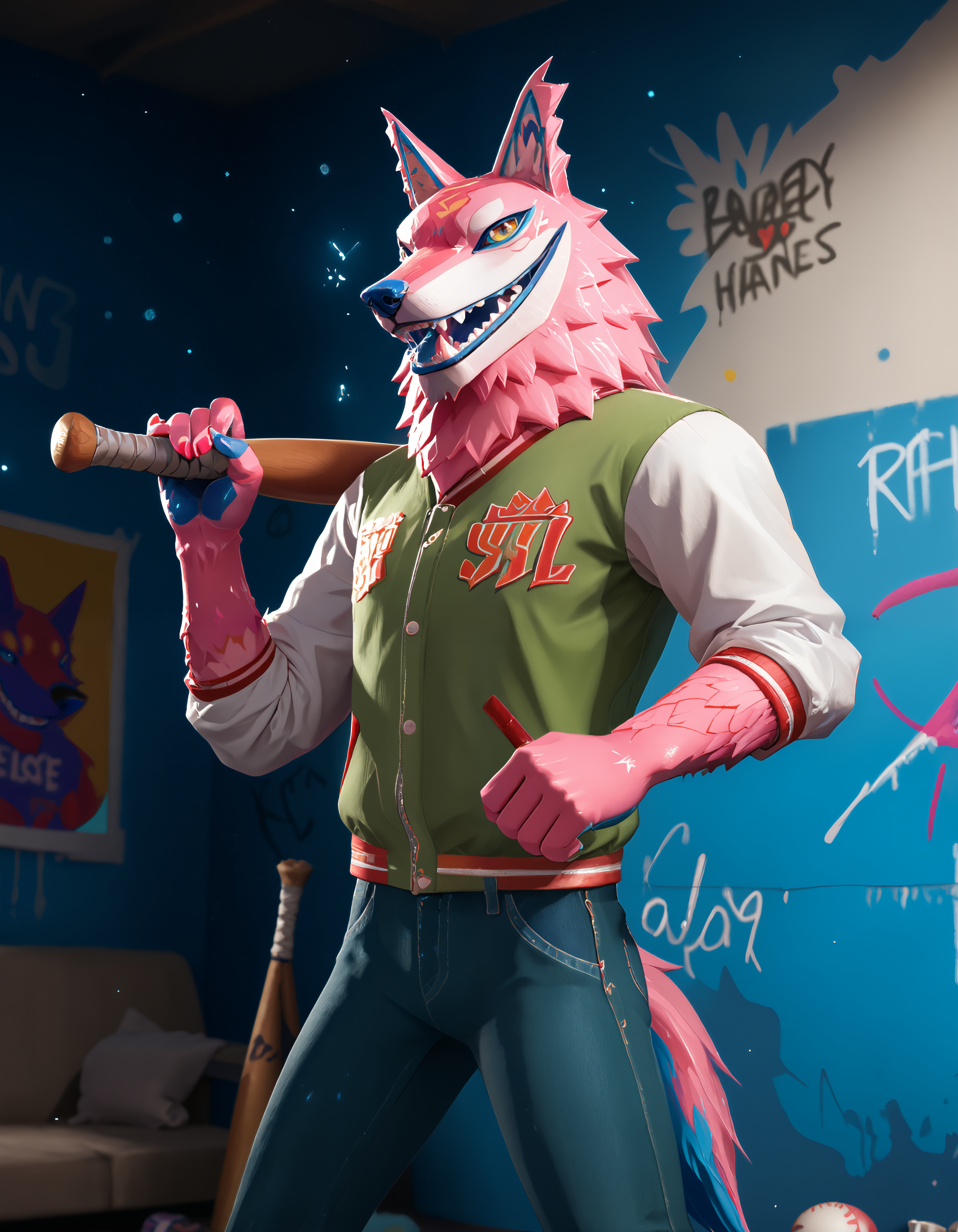 score_9, score_8_up, score_7_up, rating_safe, source_furry, detailed, cinematic lighting, particles, shadow, decals, masterpiece, best quality, ultra realistic, 4k, 2k, film photography, RAW photo, photorealistic, analog style, subsurface scattering, photorealism, <lora:add-detail-xl:3.0>, <lora:2.5DRealisticV2.safetensors:0.35>, <lora:sinfully_stylish_SDXL.safetensors:1.0>, <lora:AdvancedEnhancerXLv2.safetensors:1.0>, dutch angle, anthro, furry, <lora:fortnite_Andy_Fangerson.safetensors:0.9>, Andy Fangerson, (hold baseball bat on shoulder:1.1), wolf, wolf Alebrije, pink fur, blue nose, red Scalera, yellow pupil, no iris, wolf ears, wolf tail, blue tongue, blue pawpads, claws, Jacket, denim pants, upper body, vibemix <lora:Vibemix_Color_Style_PonyXL:1.0>, (graffiti, decals, stickers, paint:1.05), _random-pose__, gloom (expression),
