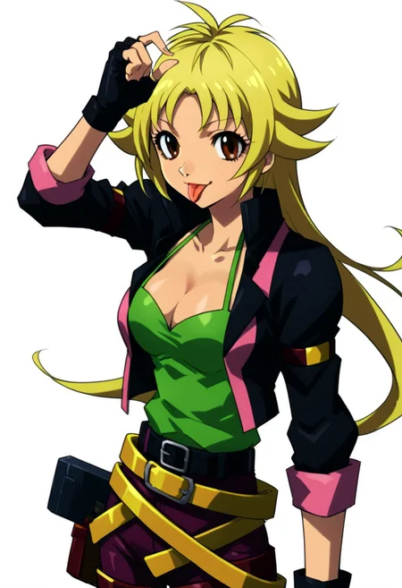 score 9, score 8 up, score 7 up,beyblade shogun steel, ren kurenai, 1girl, solo, blonde hair, fingerless gloves, gloves, tongue, tongue out, long hair, breasts, belt, :p, cleavage, brown eyes, white background, medium breasts, black gloves