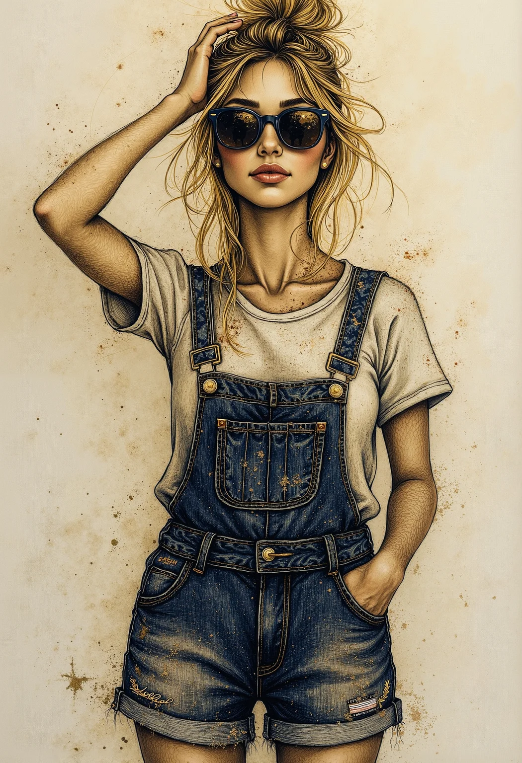 pst006, blonde woman messy bun one should denim overall shorts baggy model pose sunglasses smiling