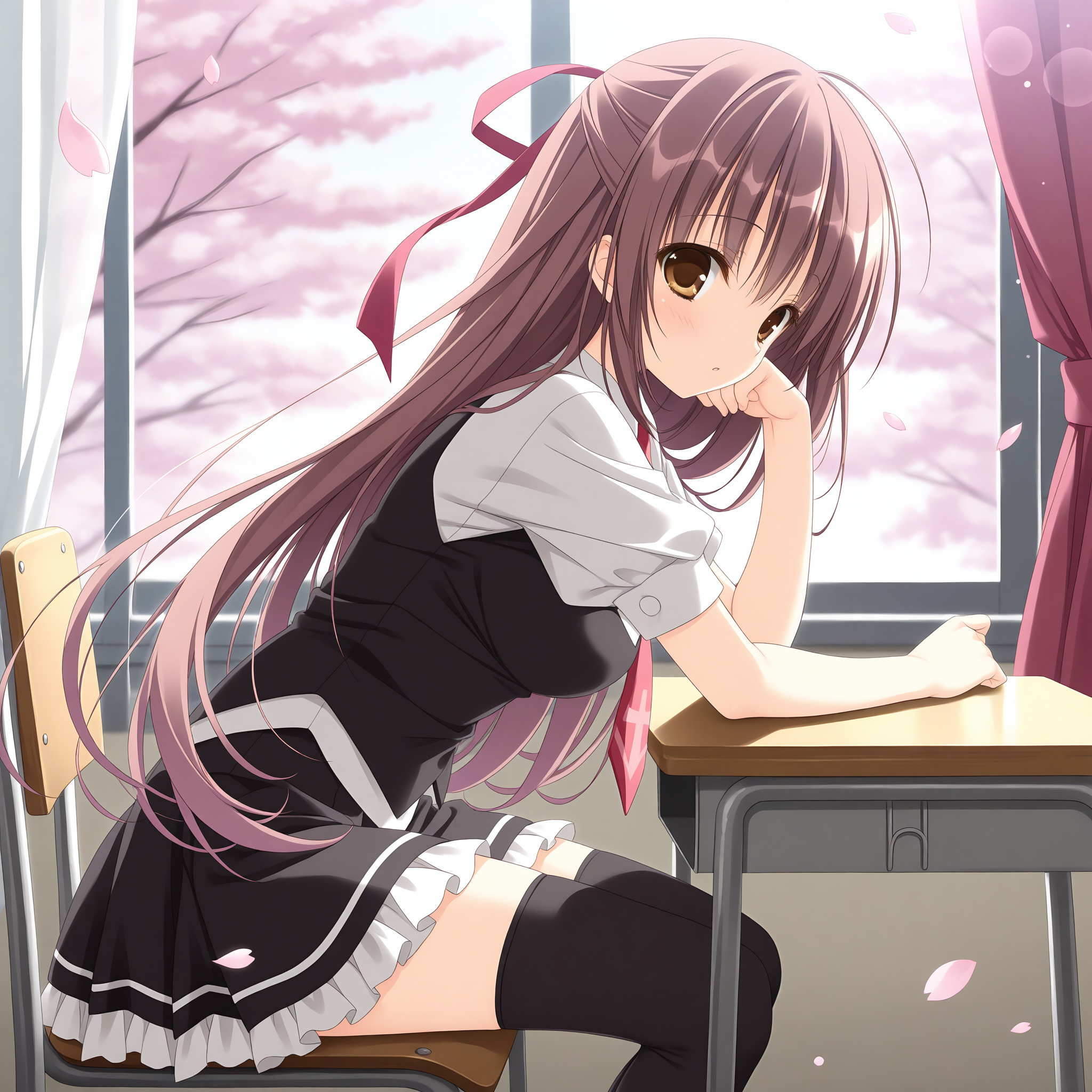 <lora:Misakura_Rin_Uta_1_nai-000007:1>,Misakura Rin,hair ribbon,
black thighhighs,school uniform,red necktie,white shirt,short sleeves,black vest,black skirt,frilled skirt,white frills,
BREAK
1girl,solo,looking at viewer,sitting,from side,arm support,on chair,desk,indoors,window,curtains,day,arm on table,cherry blossoms,falling petals,depth of field,lens_flare,