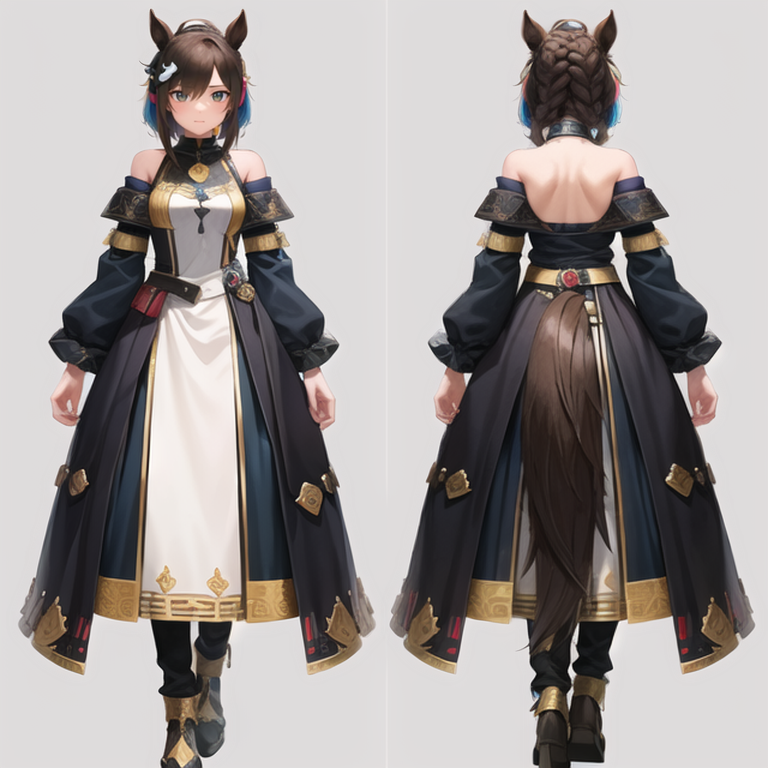 ((masterpiece, best quality)), original, absurdres, ((sfw)), <lora:NeverStyleV2A:0.5:NONE>, <lora:RoxanneStyle:0.5:NINALL>,
creative, interesting, detailed, intricate, colorful,
((chara-sheet, multiple views, full body, front, back)), <lora:Turnaround:1:INALL>,
((1girl, solo, age 20, she is 20 years old)), ((a wizard scribe)),
((eyes, _)),
((hair, hair pulled back)),
((clothes, festival clothes, horse girl, horse tail, futuristic clothes)),
((simple background, white background)),
((colors, _)),