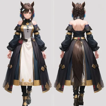 ((masterpiece, best quality)), original, absurdres, ((sfw)), <lora:NeverStyleV2A:0.5:NONE>, <lora:RoxanneStyle:0.5:NINALL>,
creative, interesting, detailed, intricate, colorful,
((chara-sheet, multiple views, full body, front, back)), <lora:Turnaround:1:INALL>,
((1girl, solo, age 20, she is 20 years old)), ((a wizard scribe)),
((eyes, _)),
((hair, hair pulled back)),
((clothes, festival clothes, horse girl, horse tail, futuristic clothes)),
((simple background, white background)),
((colors, _)),