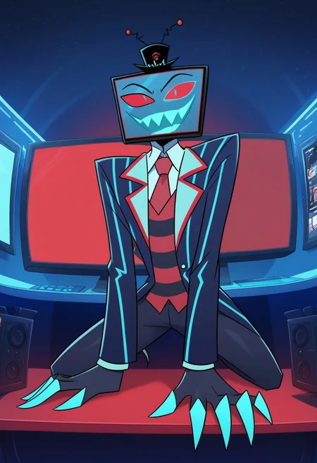 score_9, score_8_up, score_7_up,
masterpiece, best quality, detailed, amazing quality,
detailed background, office,
detailed eyes, clean eyes,
dynamic pose, sitting on desk, static screens,
1man,
Vox, TV head, television head, rectangular Head Cyan screen, cyan screen, red sclera, blue pupils, blue teeth, tophat, TV antennas, red and black striped shirt, dark blue coat, red tie, black skin,
easynegative