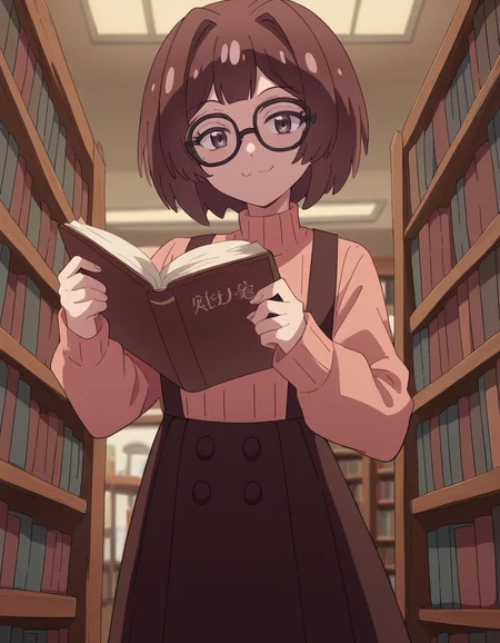 score_9, score_8_up, score_7_up, source_anime, <lora:sakura-sonoue-s1-ponyxl-lora-nochekaiser:1>, sakura sonoue, short hair, bangs, brown hair, brown eyes, hair intakes, bob cut,, skirt, long sleeves, sweater, suspenders, high-waist skirt, brown skirt, suspender skirt, pink sweater, library, reading books, glasses, quiet, focused, shelves of books, smile, , v, v over mouth, smug,, solo,, cowboy shot, dutch angle