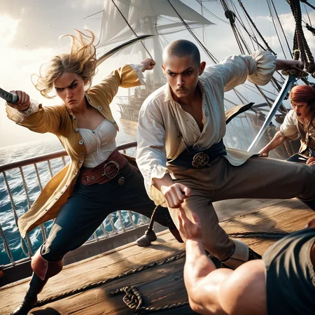 score_9,score_8_up,score_7_up, p1r4t35,  1girl, perfect face, blonde hair, breasts, ship,pirate, swordfight, 2boys, boarding, sea battle, female focus, weapon , sword, realistic, perspective, detail, movie scene, dramatic
 <lora:pirates_pony_panache:1>