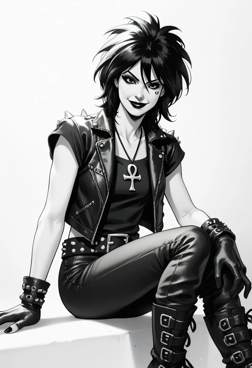 dsk_death, 1girl, solo, jewelry, gloves, , boots, sitting, makeup, short hair, smile, lipstick, black hair, gothic, jewelry, necklace, ankh necklace, nail polish, leather jacket, black shirt, vest, short sleeves, tattoo, gloves, pants, lipstick, belt, spiked hair, black boots, comic art style, death_of_the_endless\(sandman\), greyscale, monochrome, cinematic angle, cinematic lighting, BREAK zPDXL2 PonyXLV6_Scores