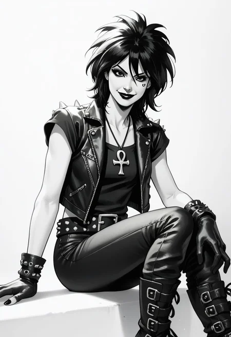 dsk_death, 1girl, solo, jewelry, gloves, , boots, sitting, makeup, short hair, smile, lipstick, black hair, gothic, jewelry, necklace, ankh necklace, nail polish, leather jacket, black shirt, vest, short sleeves, tattoo, gloves, pants, lipstick, belt, spiked hair, black boots, comic art style, death_of_the_endless\(sandman\), greyscale, monochrome, cinematic angle, cinematic lighting, BREAK zPDXL2 PonyXLV6_Scores